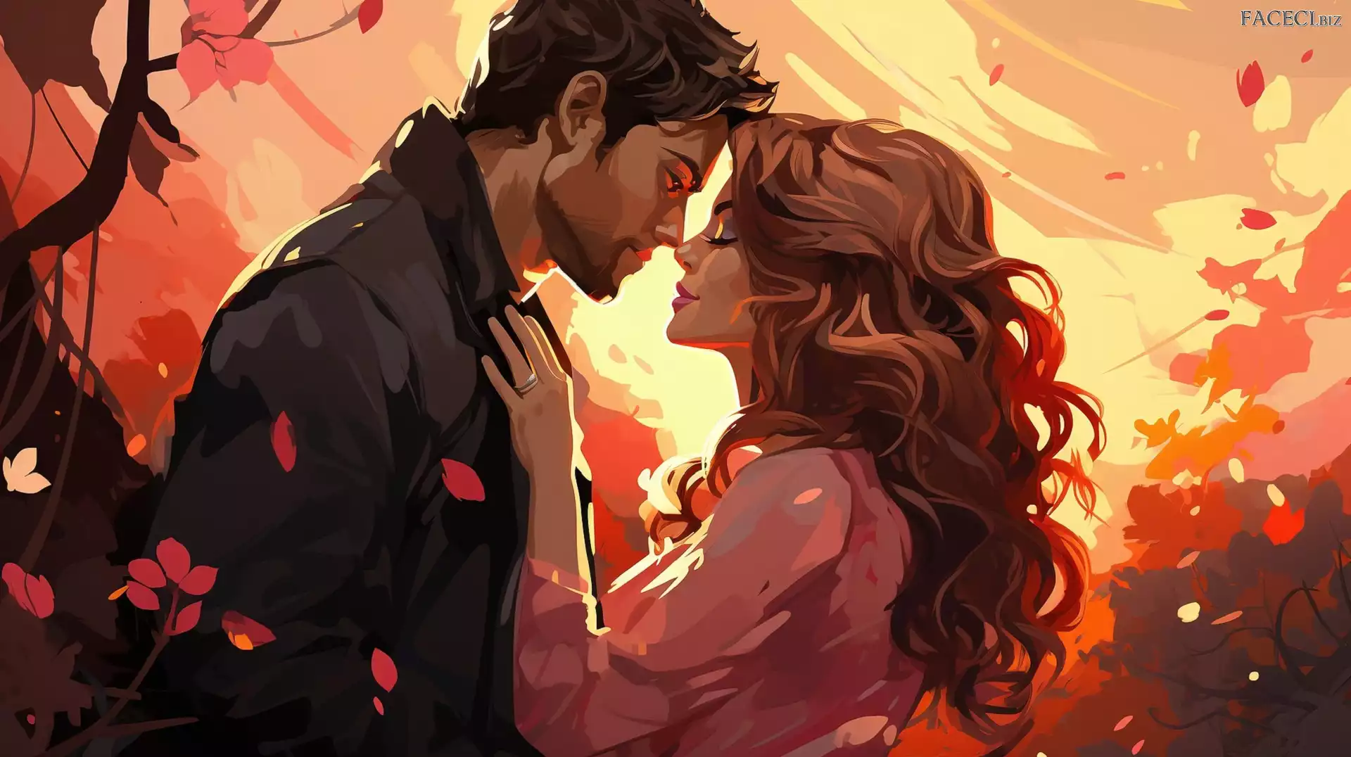 Grafika, Mężczyzna, Jesień, Kobieta, Para, Zakochani